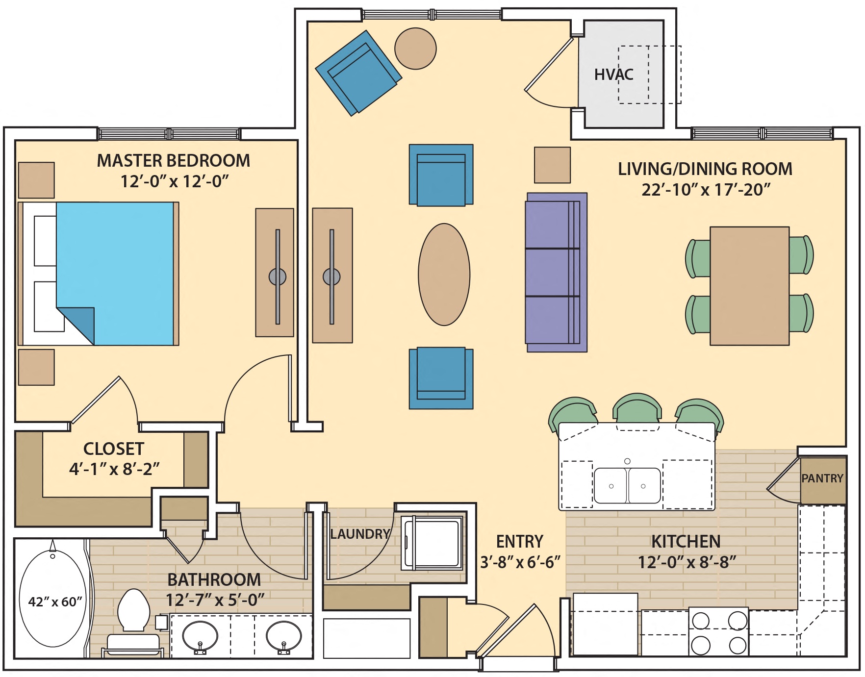 Floor plan for 1 bed, 1 bath, 886 sqft